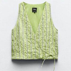 ZARA Boho Crinkle Wrap Vest Top • V-Neck Striped Tie Waist • Size Small